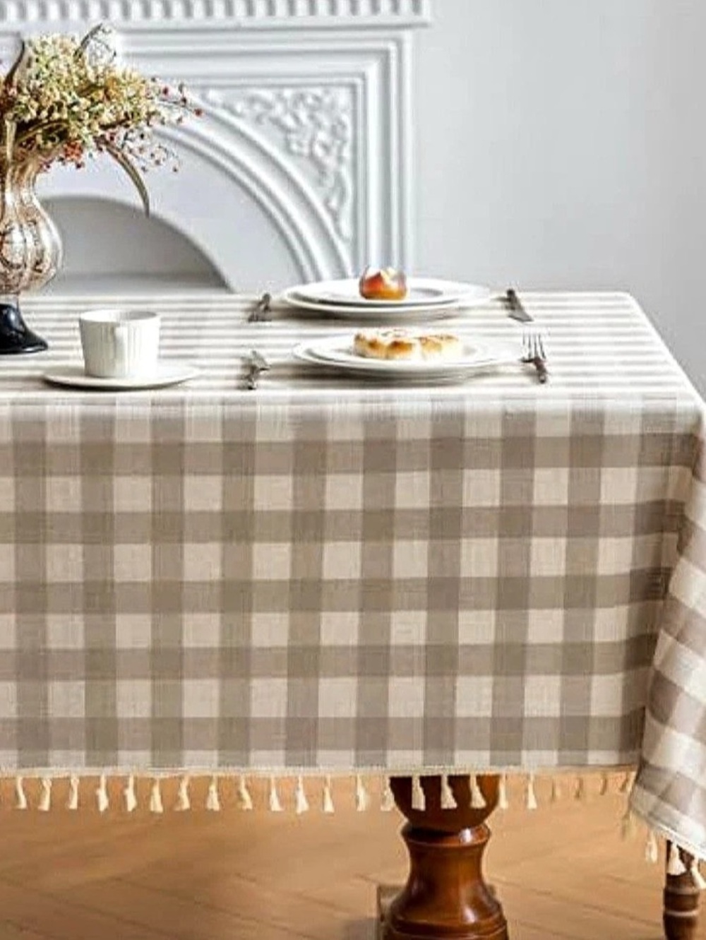 Checkered Cotton Linen Tablecloth in Beige & White NWT